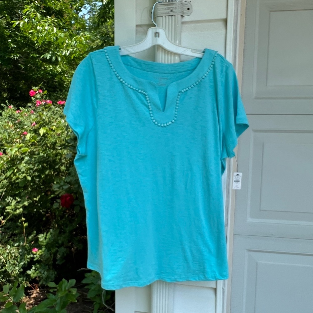 NWT Talbots Pretty Turquoise Blue Split Neck Dot Lace Trim Short Sleeve Top